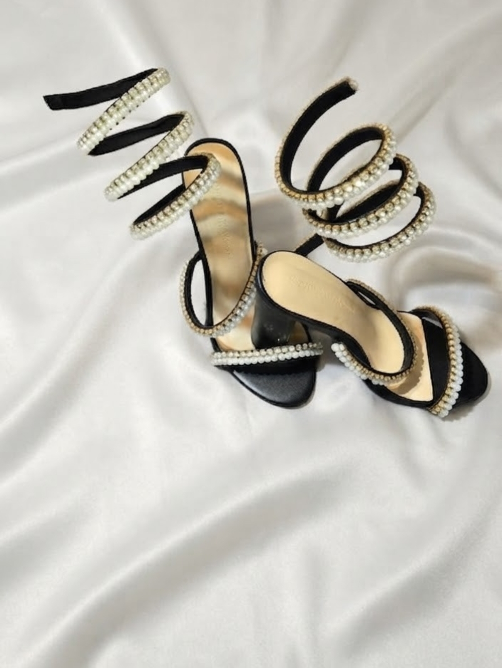 Wild Diva Lounge Black Pearl-Embellished Spiral Strap Heeled Sandals